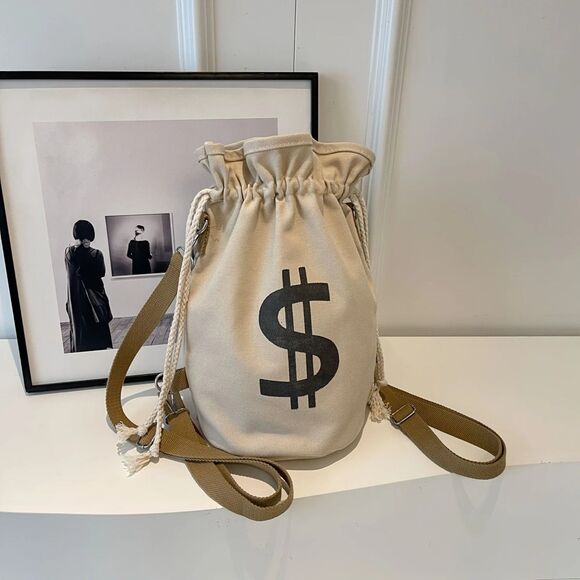 Bank Heist Money Bag Satchel Canvas Drawstring Backpack with Dollar Sign - Picture 2 of 5